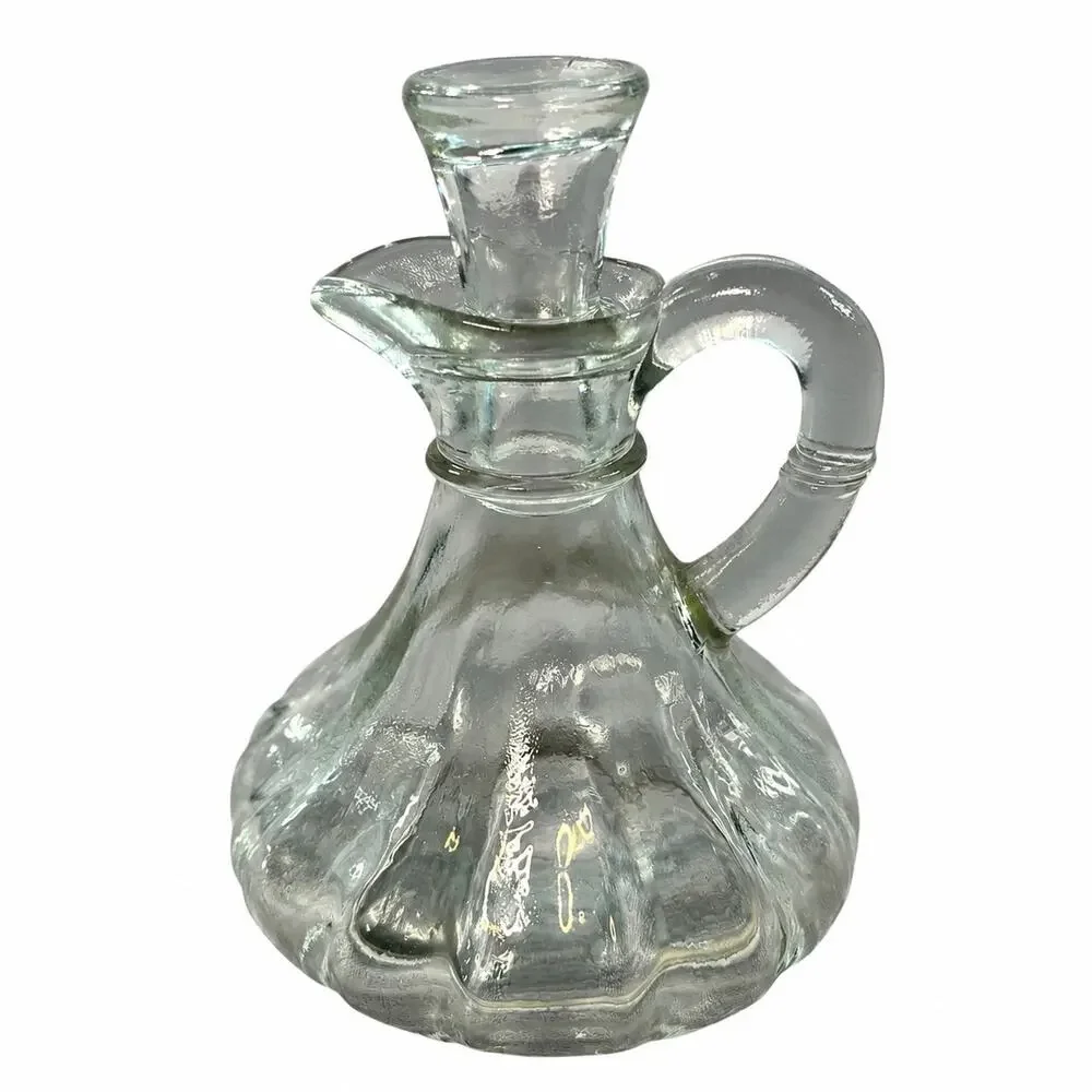 Vintage Clear Glass Cruet Decanter with Stopper Handle 6 Inch Oil Vinegar Bottle